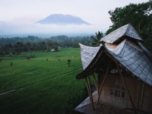 Bali Bamboo house with mountain in background